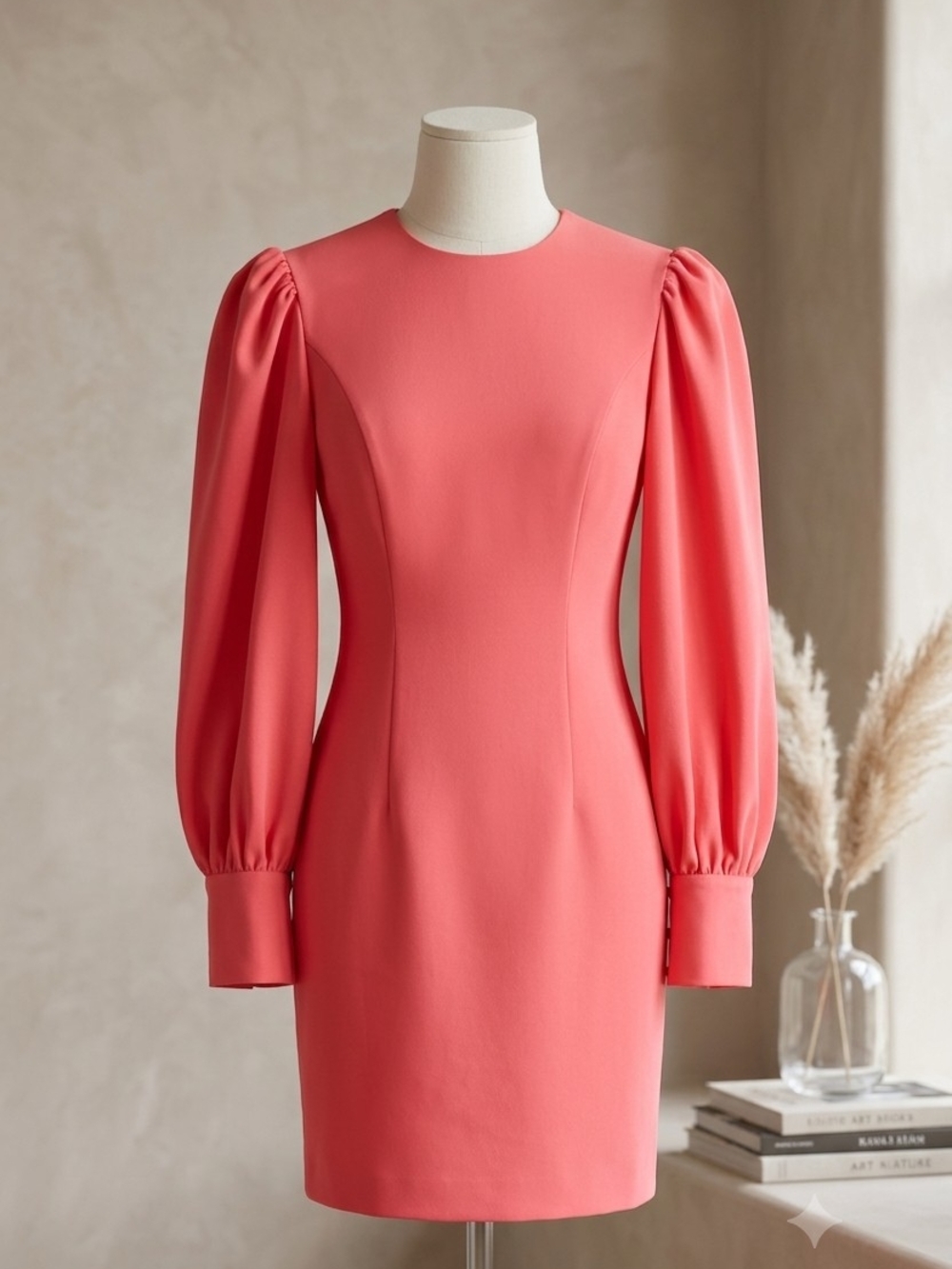 Trina Turk Coral Long-Sleeve Puff-Sleeve Sheath Dress
